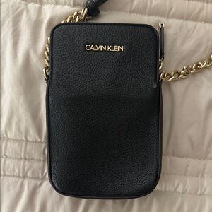 Calvin Klein Black Pebbled Leather Crossbody with Gold Chain Strap